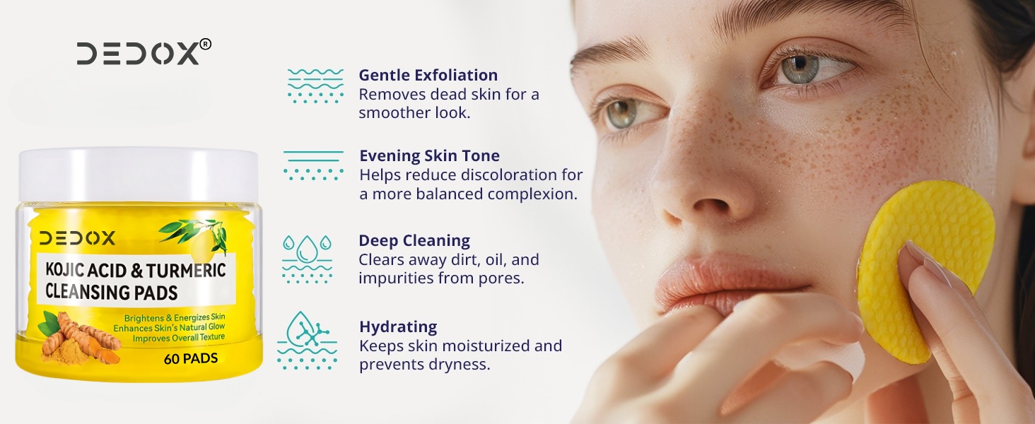 dedox kojic acid turmeric cleansing pads, dedox cleansing pads, dedox skincare, kojic acid toner pads, turmeric toner pads, exfoliating toner pads, korean skincare toner pads, brightening toner pads, dark spot toner pads, pigmentation toner pads, acne toner pads, vitamin c toner pads, chamomile toner pads, face exfoliating pads, glow toner pads, daily exfoliating pads, gentle exfoliating toner, acne prone skin toner pads, all skin types toner pads, korean exfoliating pads,DEDOX Kojic Acid & Turmeric Cleansing Pads | Exfoliating Face Toner Pads for Glowing Skin, Acne, Dark Spots & Pigmentation | Vitamin C + Chamomile | 60 Pcs | Korean Skincare | All Skin Types