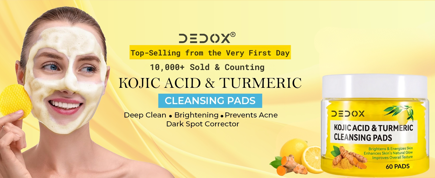 dedox kojic acid turmeric cleansing pads, dedox cleansing pads, dedox skincare, kojic acid toner pads, turmeric toner pads, exfoliating toner pads, korean skincare toner pads, brightening toner pads, dark spot toner pads, pigmentation toner pads, acne toner pads, vitamin c toner pads, chamomile toner pads, face exfoliating pads, glow toner pads, daily exfoliating pads, gentle exfoliating toner, acne prone skin toner pads, all skin types toner pads, korean exfoliating pads,DEDOX Kojic Acid & Turmeric Cleansing Pads | Exfoliating Face Toner Pads for Glowing Skin, Acne, Dark Spots & Pigmentation | Vitamin C + Chamomile | 60 Pcs | Korean Skincare | All Skin Types